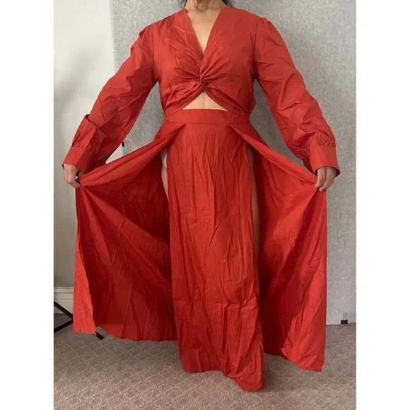 Womens V-Neck Long Sleeve Double Slit Maxi Dress Size Medium Burnt Orange - Picture 5 of 7